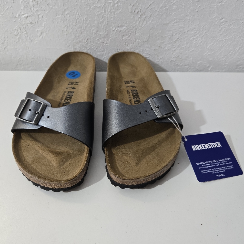 Birkenstock Madrid Birko-Flor Buckle Slip On Slide Sandals Black Metallic Sz 10